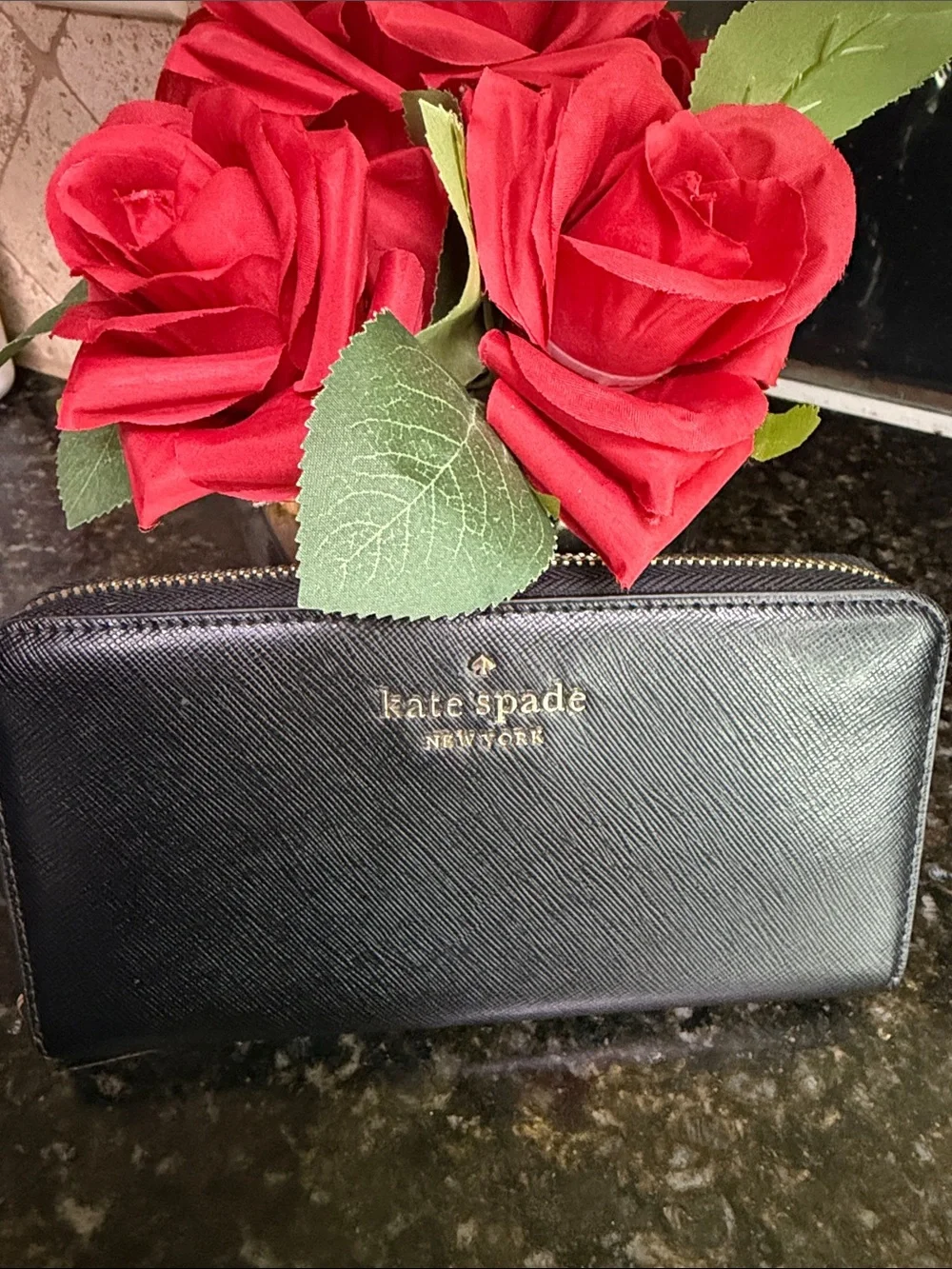 kate spade Black Zip Around Saffiano Leather Wallet
